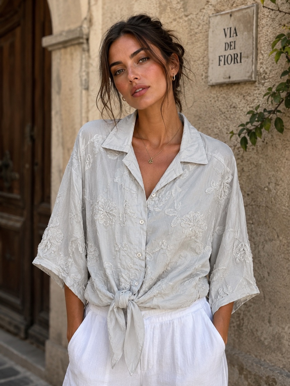 IT77. From Italy 🇮🇹 Embroidered Tie-Front Shirt - Women